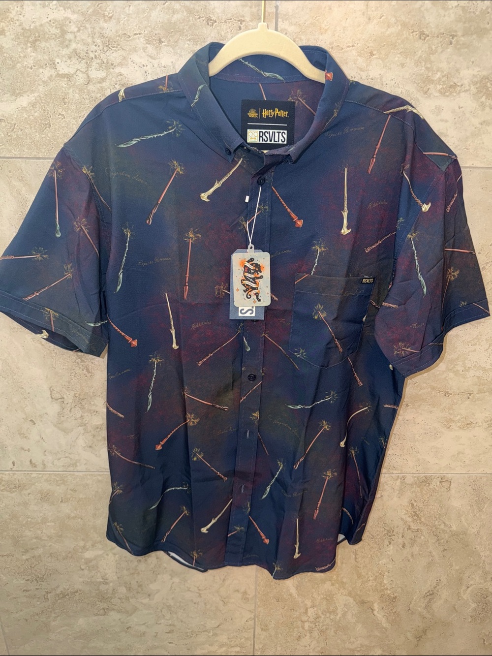 Harry Potter Navy Short-Sleeve Button-Up Shirt with Wand Print